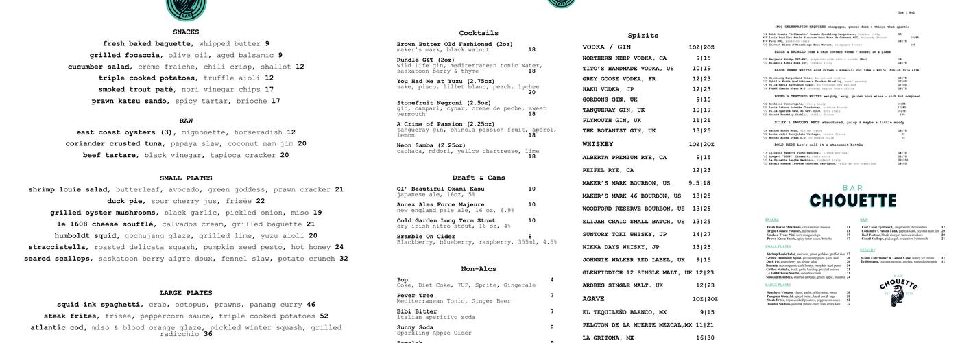 Bar Chouette Menu