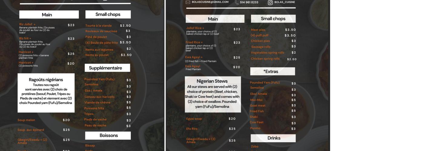 Bolas Cuisine Menu