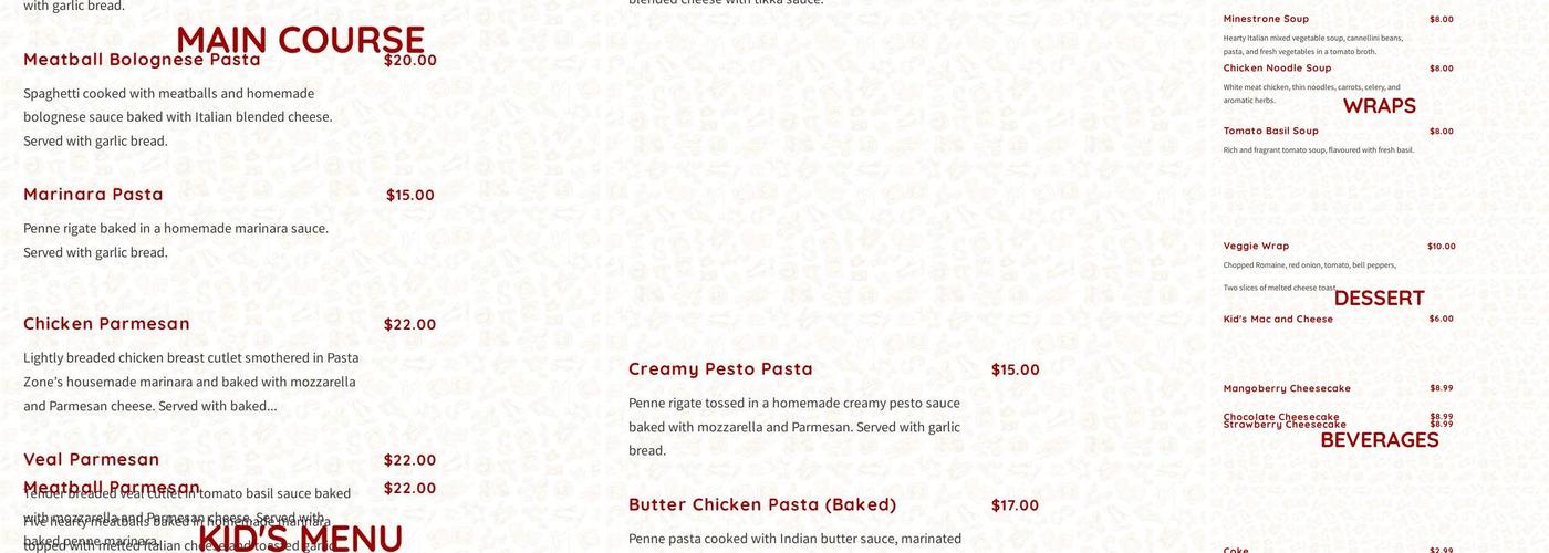 Pasta zone Menu