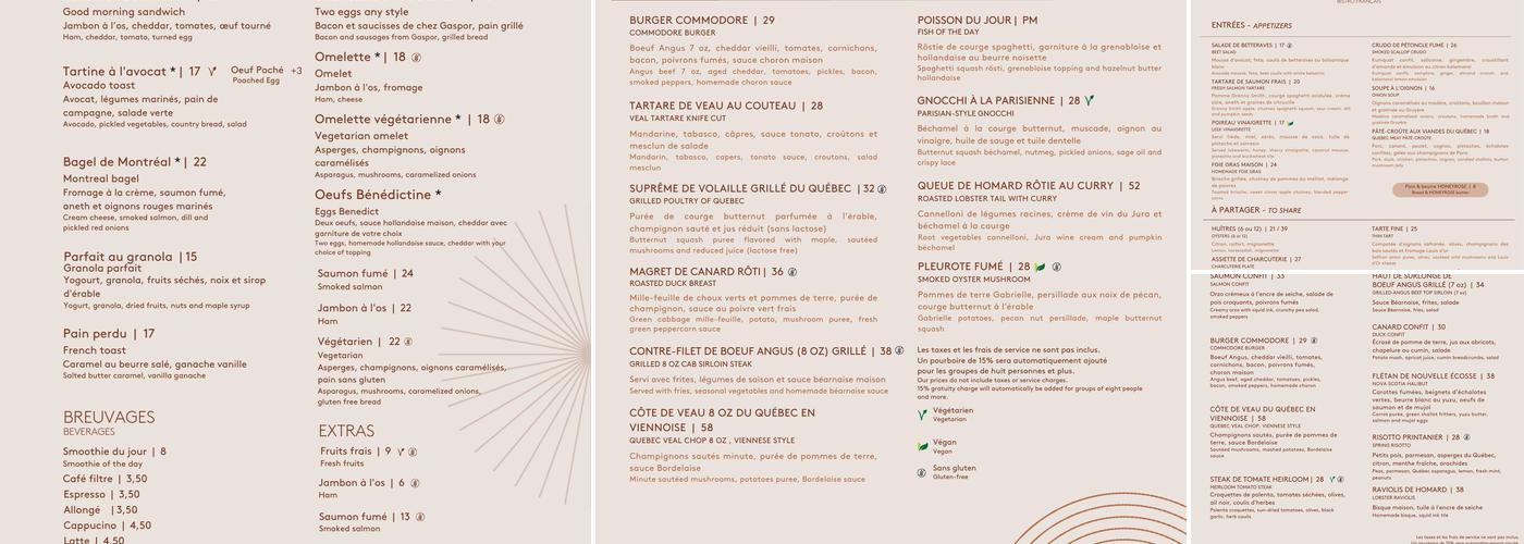 COMMODORE restaurant Montréal Menu