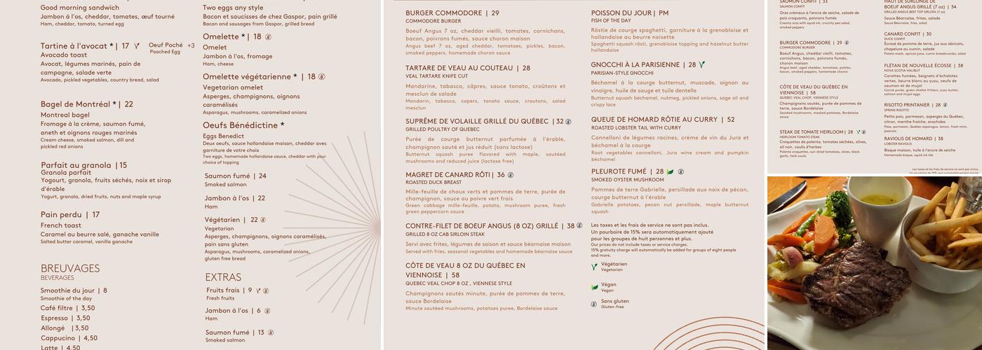 COMMODORE restaurant Montréal Menu