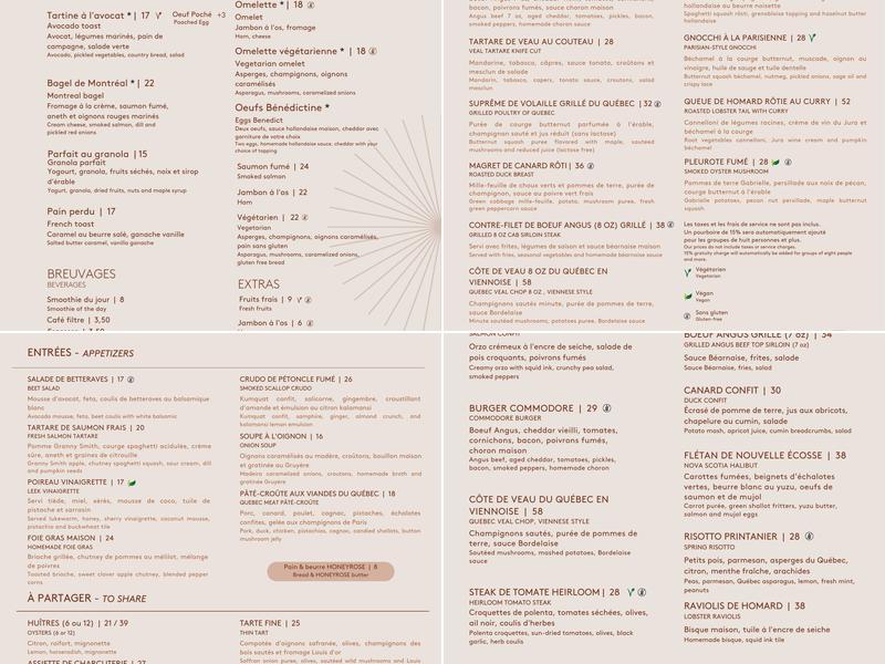 COMMODORE restaurant Montréal Menu