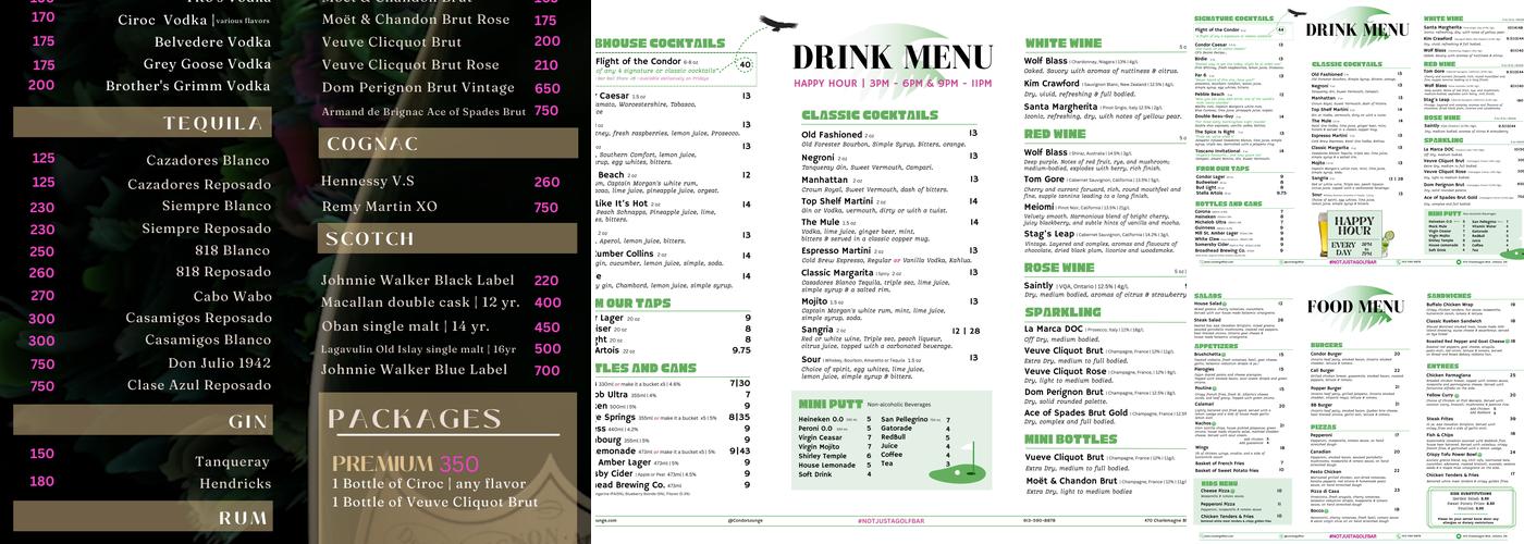 Condor Golf Bar Menu