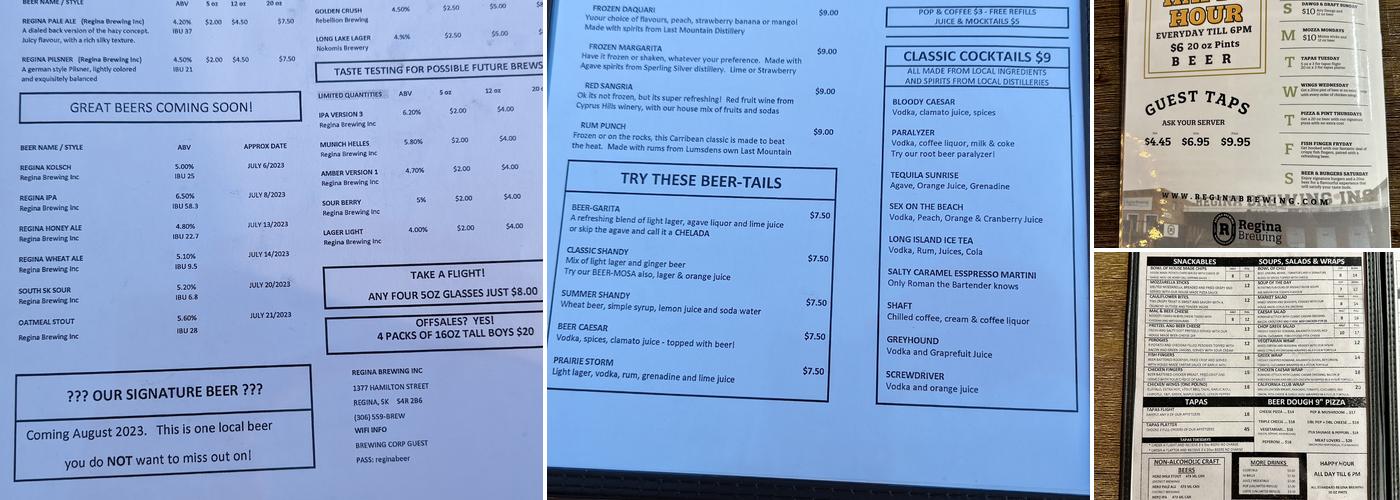 Regina Brewing Inc. Menu