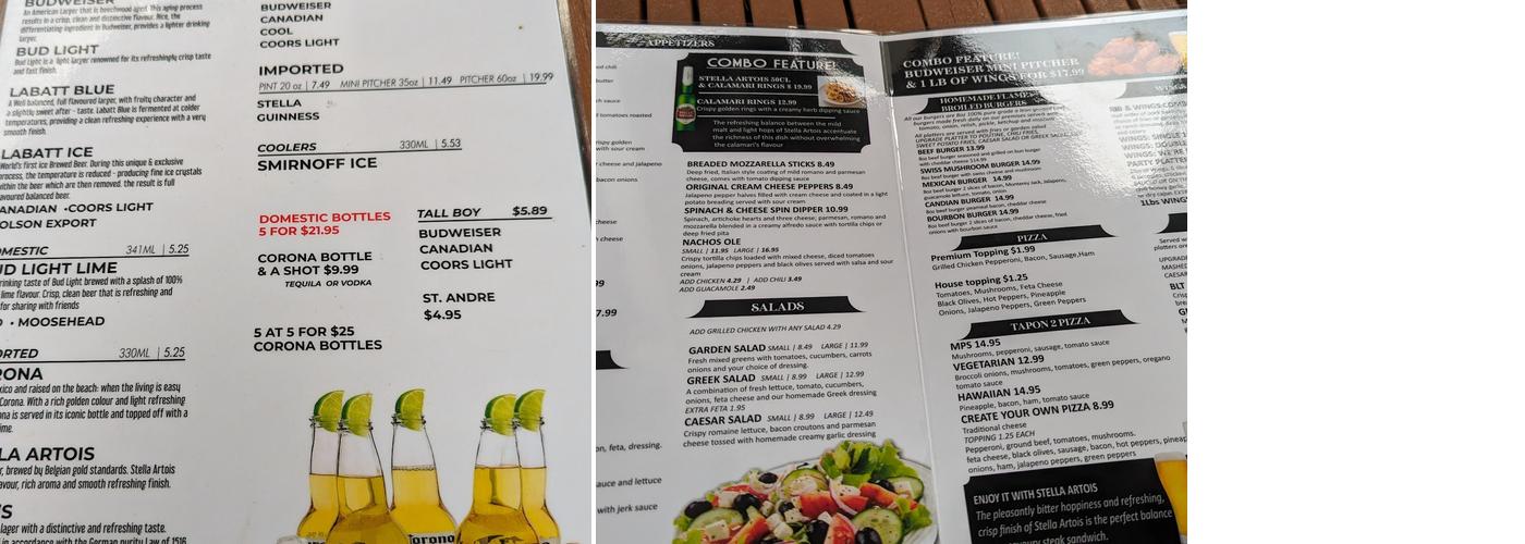 Tap On 2 Bar and Grill Menu