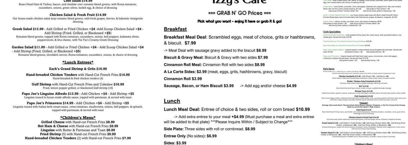 Izzy's Cafe Menu