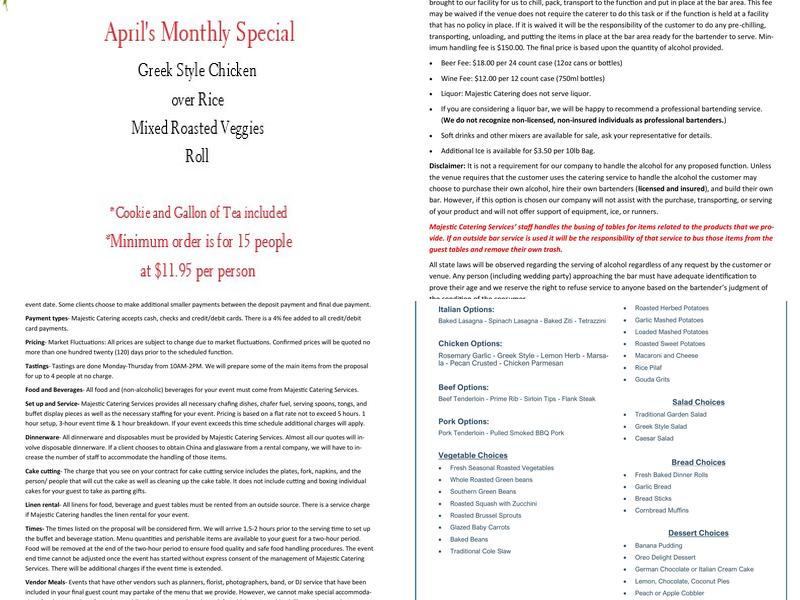 Majestic Catering Services Menu