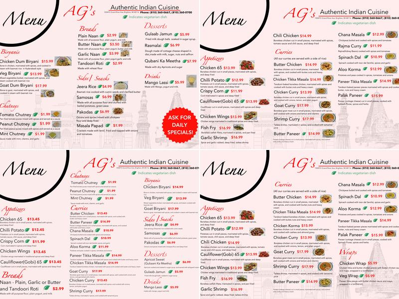 AG's Authentic Indian Cuisine Menu