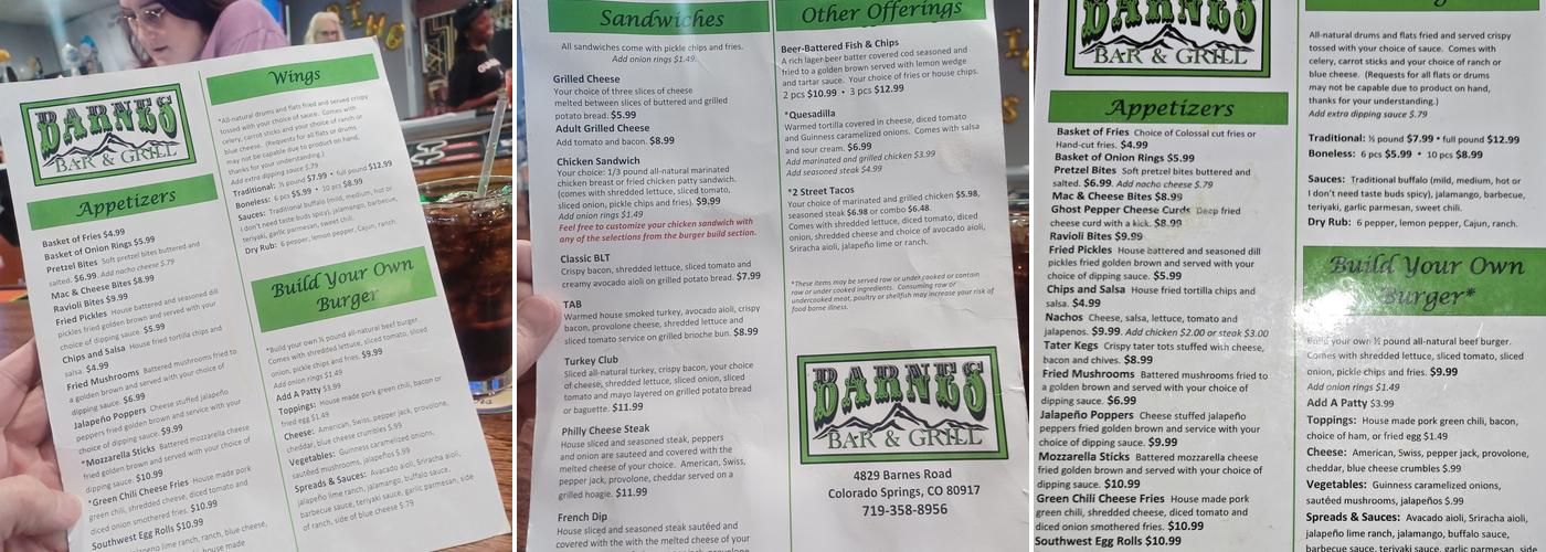 Barnes Bar & Grill Menu