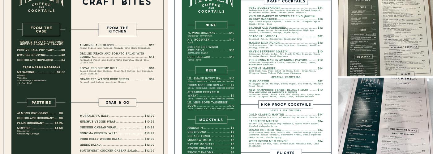 Haven Coffee and Cocktails Menu