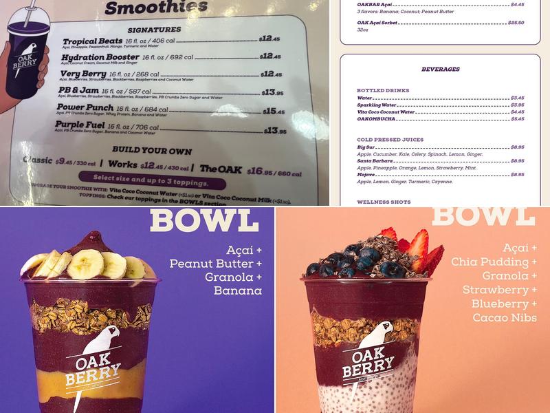 Oakberry Acai Menu