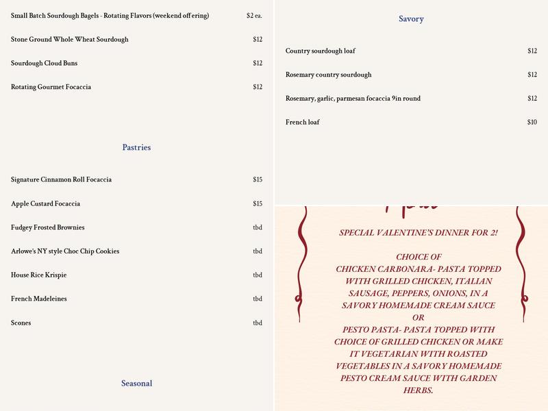 Arlowe's Bakehouse Menu