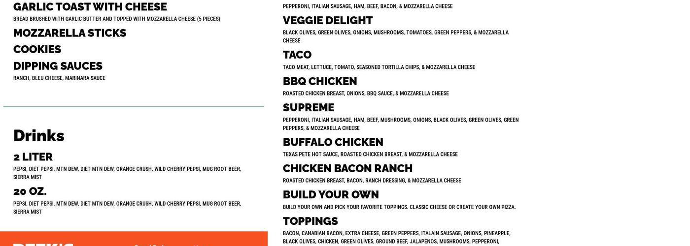 Deek's Pizza Menu