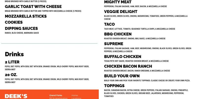 Deek's Pizza Menu