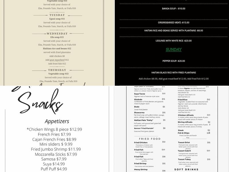 Afro-Infused restaurant and lounge Menu