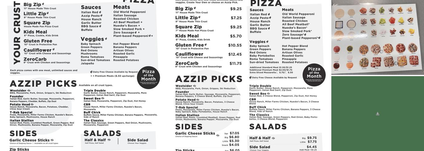Azzip Pizza Menu