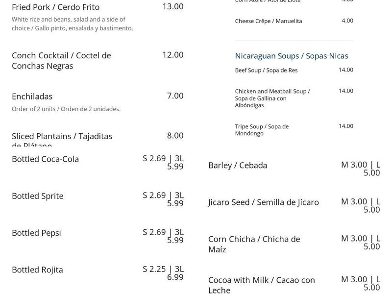 La Nicaraguita Super Y Fritanga Menu