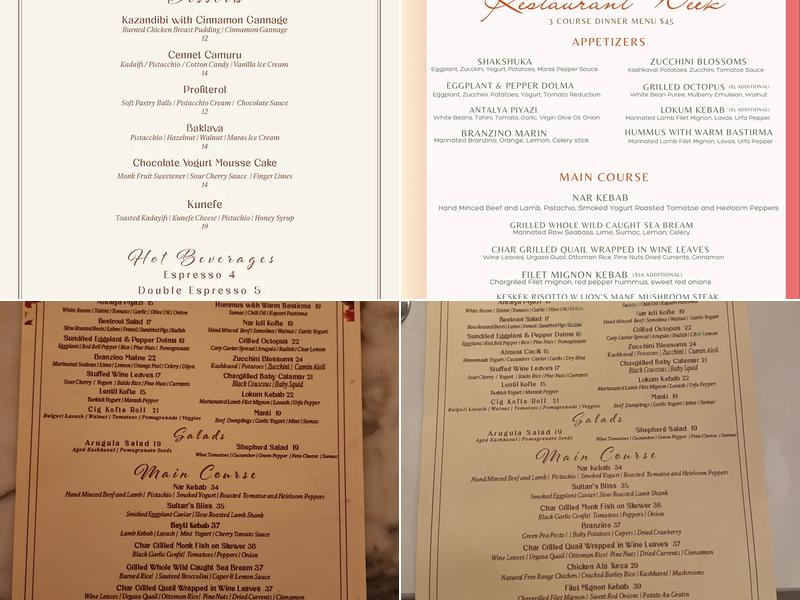 NAR Modern Turkish Cuisine Menu