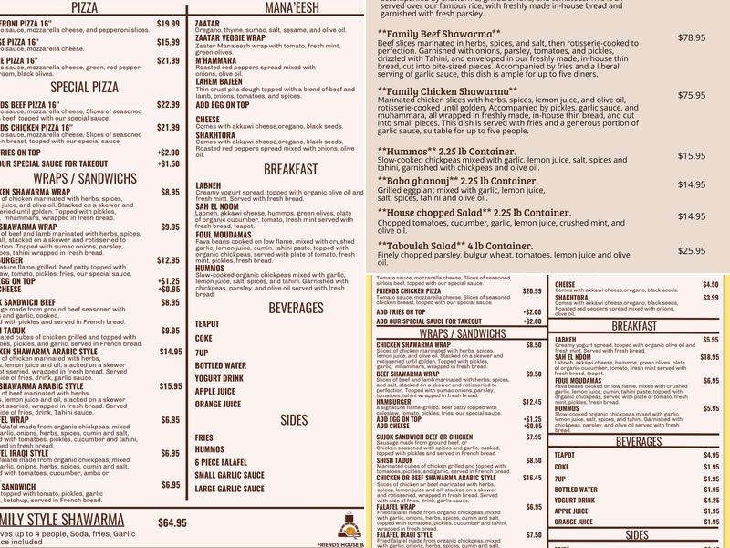 Friends house bakery & Restaurant Menu