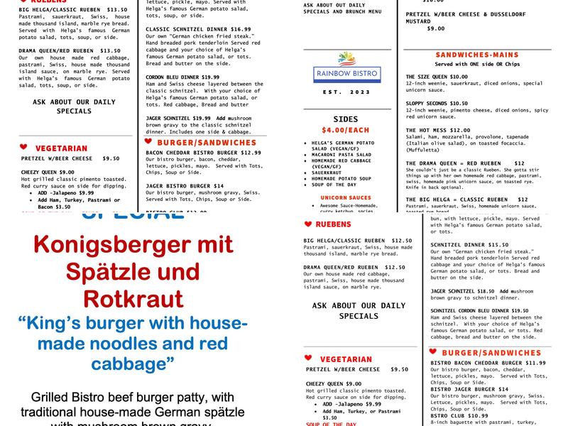 Rainbow Bistro Menu