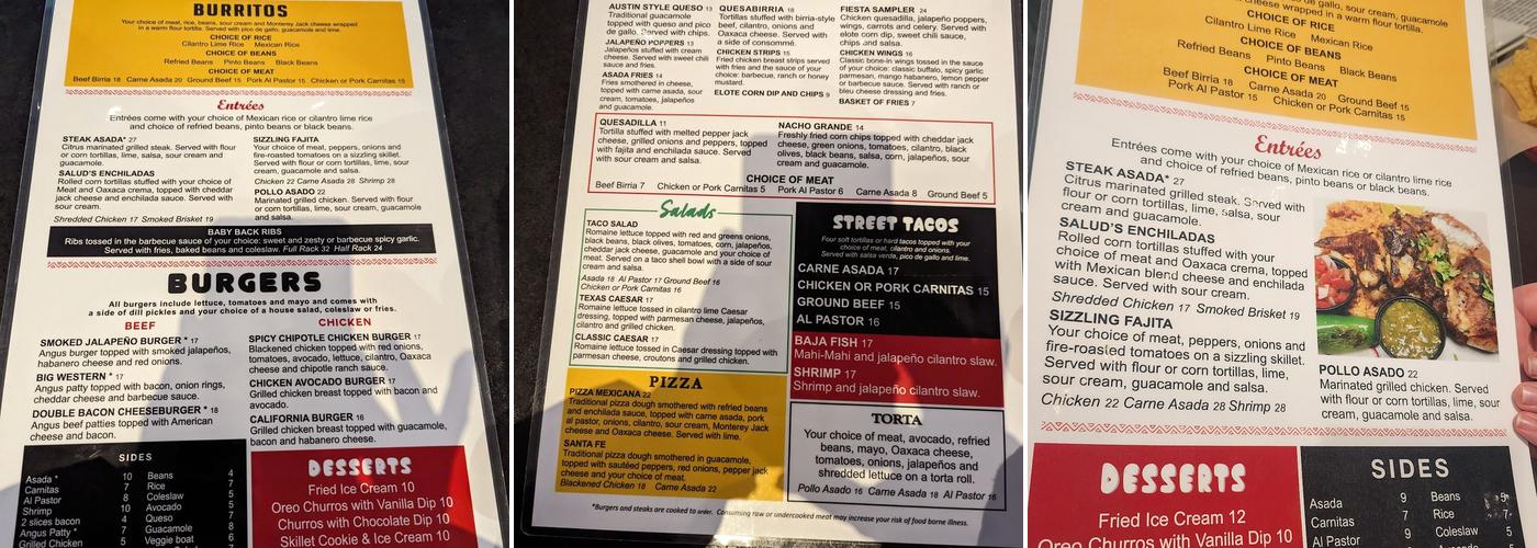 Salud Bar and Grill Menu