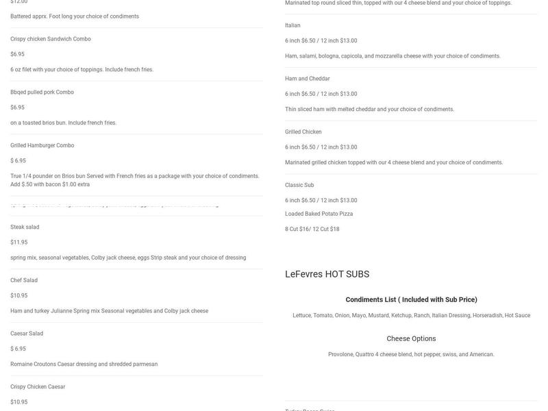 Lefevres Catering Menu