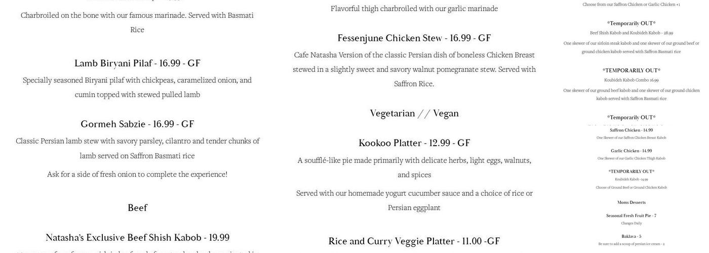 Cafe Natasha Menu