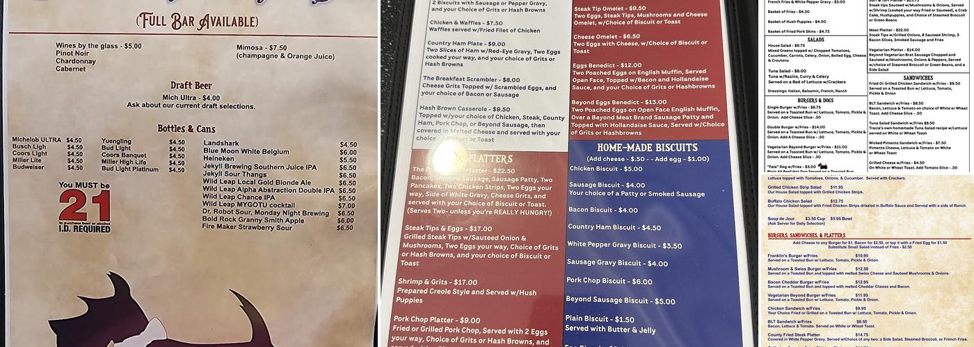Franklins for Breakfast Menu