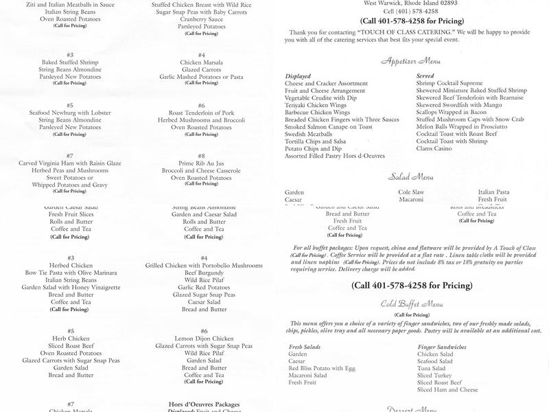 Touch of Class Catering Menu