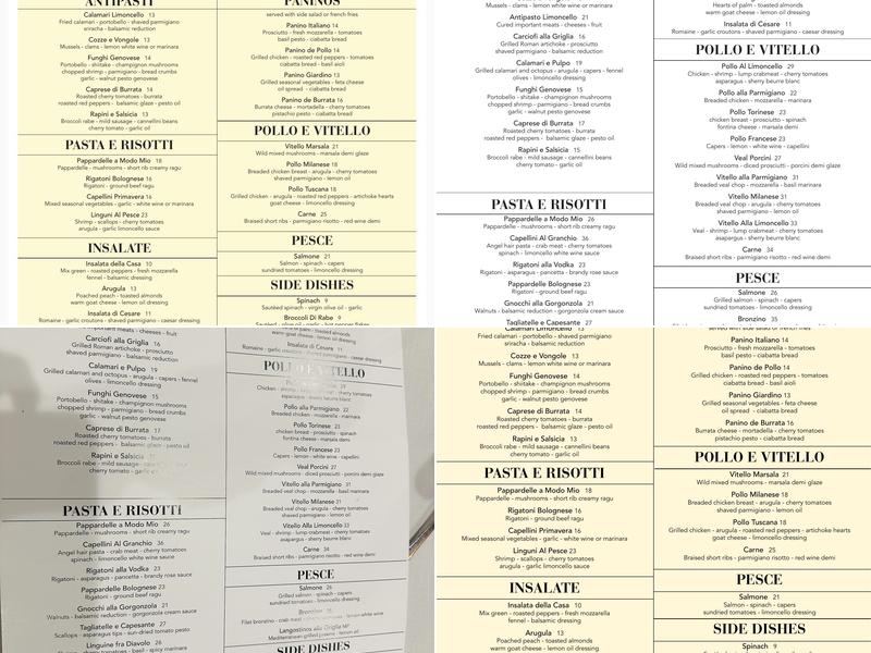 Limoncello Ristorante Menu