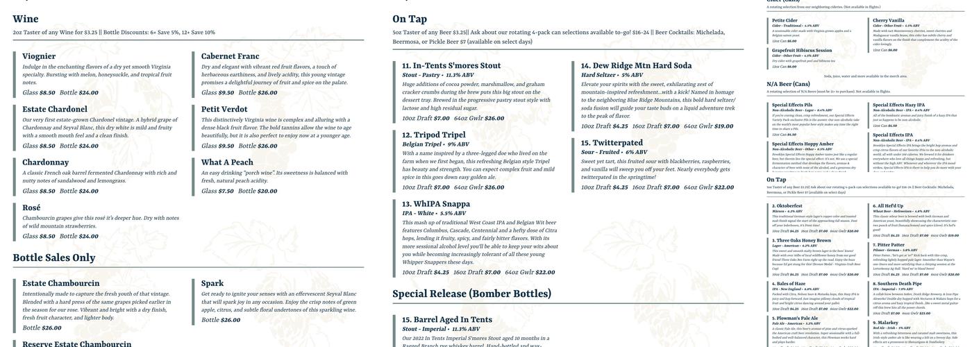 Southern Revere Cellars Menu