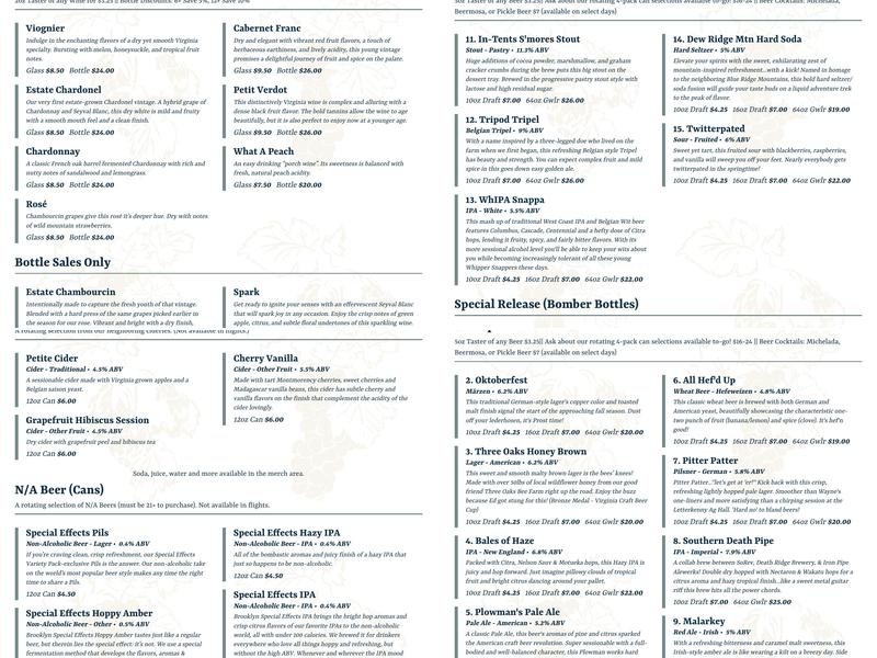 Southern Revere Cellars Menu