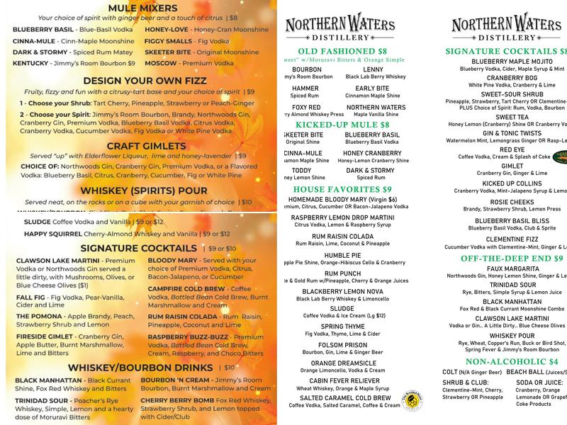 Northern Waters Distillery Menu