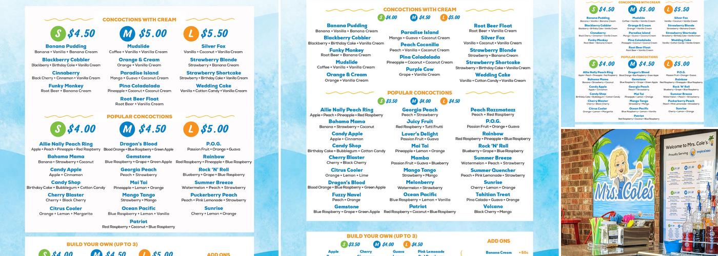 Mrs. Cole's Tropical Sno Menu