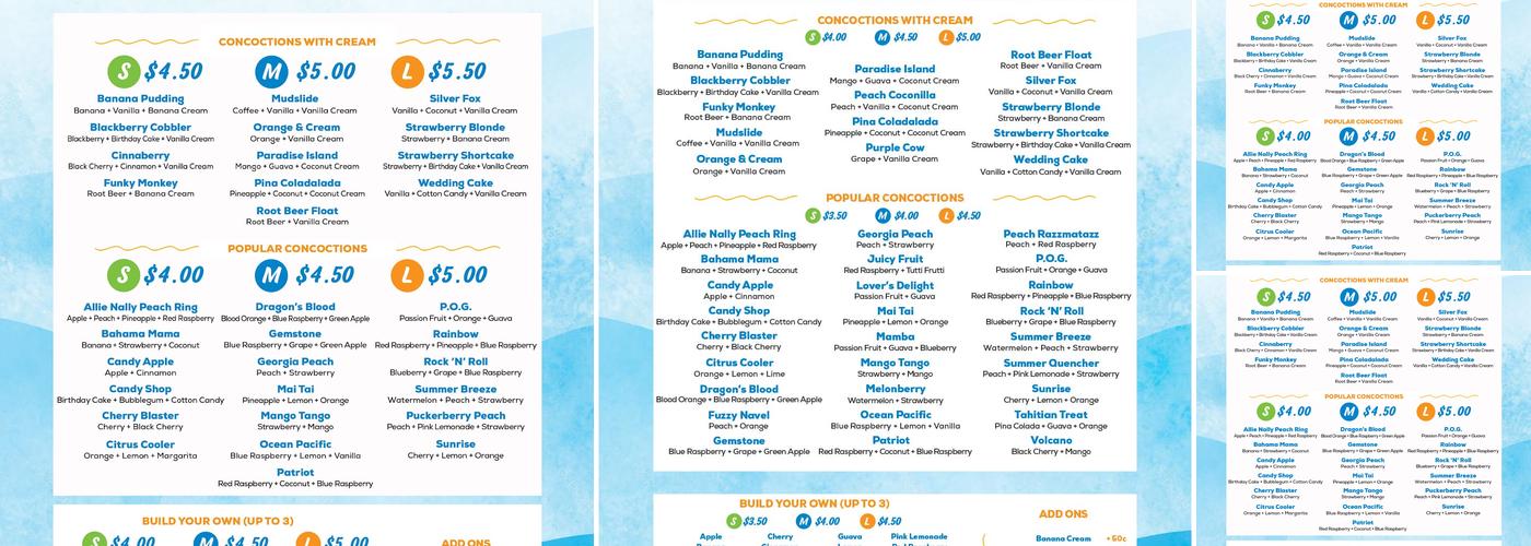 Mrs. Cole's Tropical Sno Menu