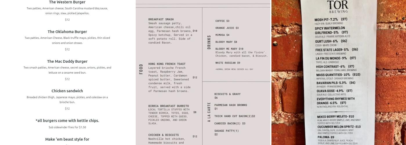Tor Brewing Menu