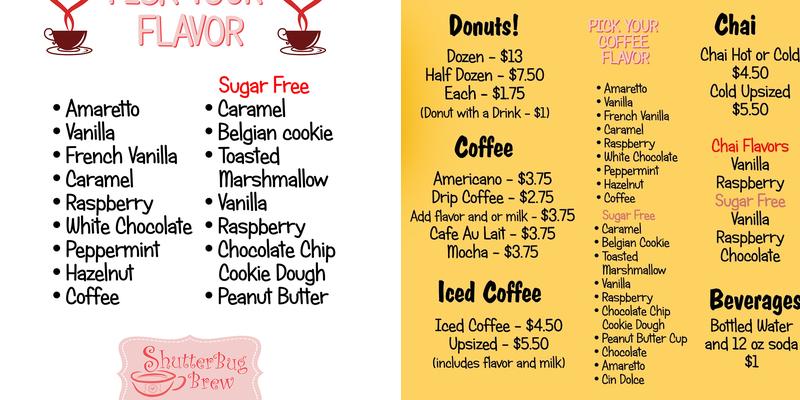 Shutterbug Brew, Coffee Donuts & More Menu