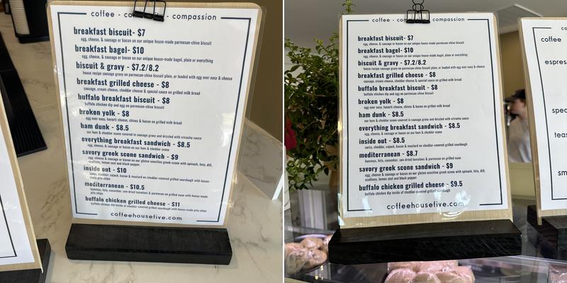 Coffeehouse Five Menu