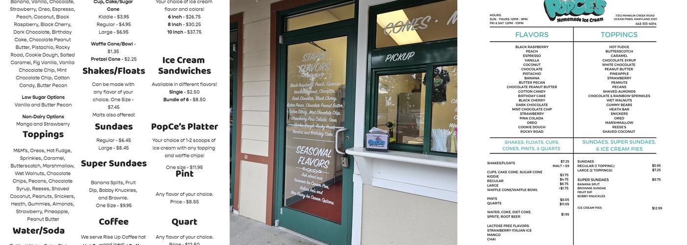 PopCe’s Homemade Ice Cream Menu