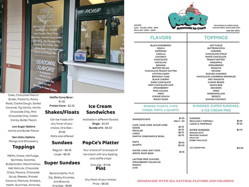 PopCe’s Homemade Ice Cream Menu