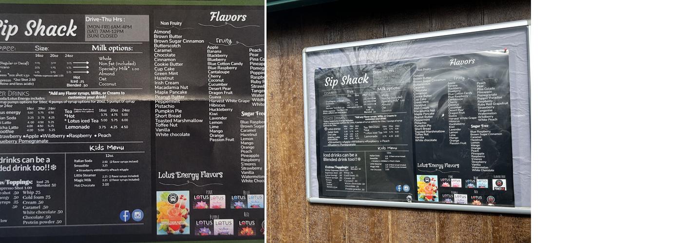 Sip Shack Menu