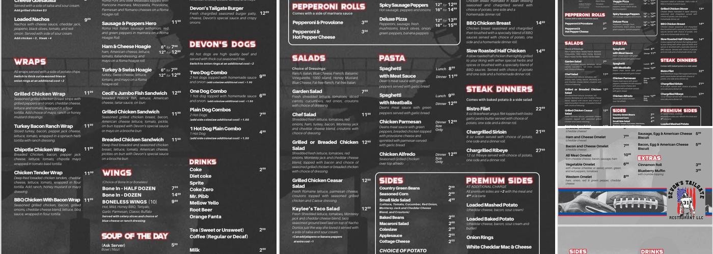 Devon’s Tailgate Restaurant Menu