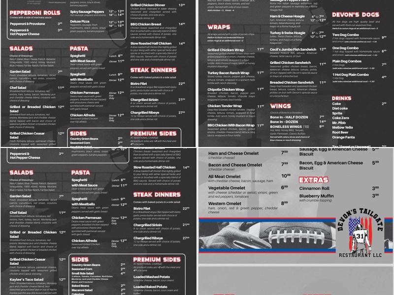 Devon’s Tailgate Restaurant Menu