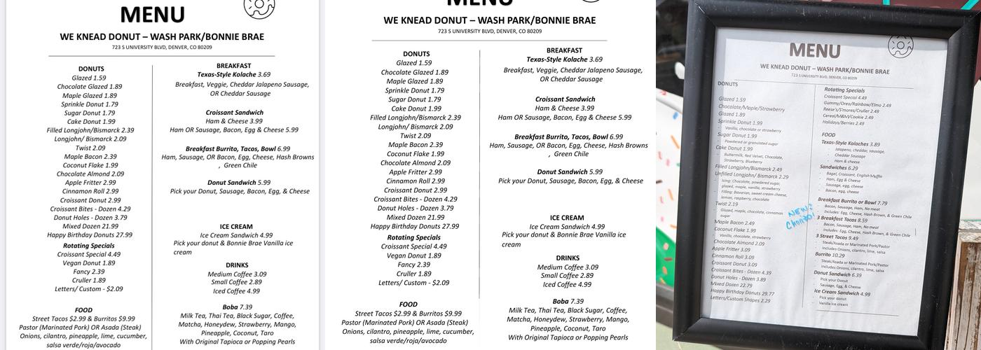We Knead Donut - Wash Park/Bonnie Brae Menu