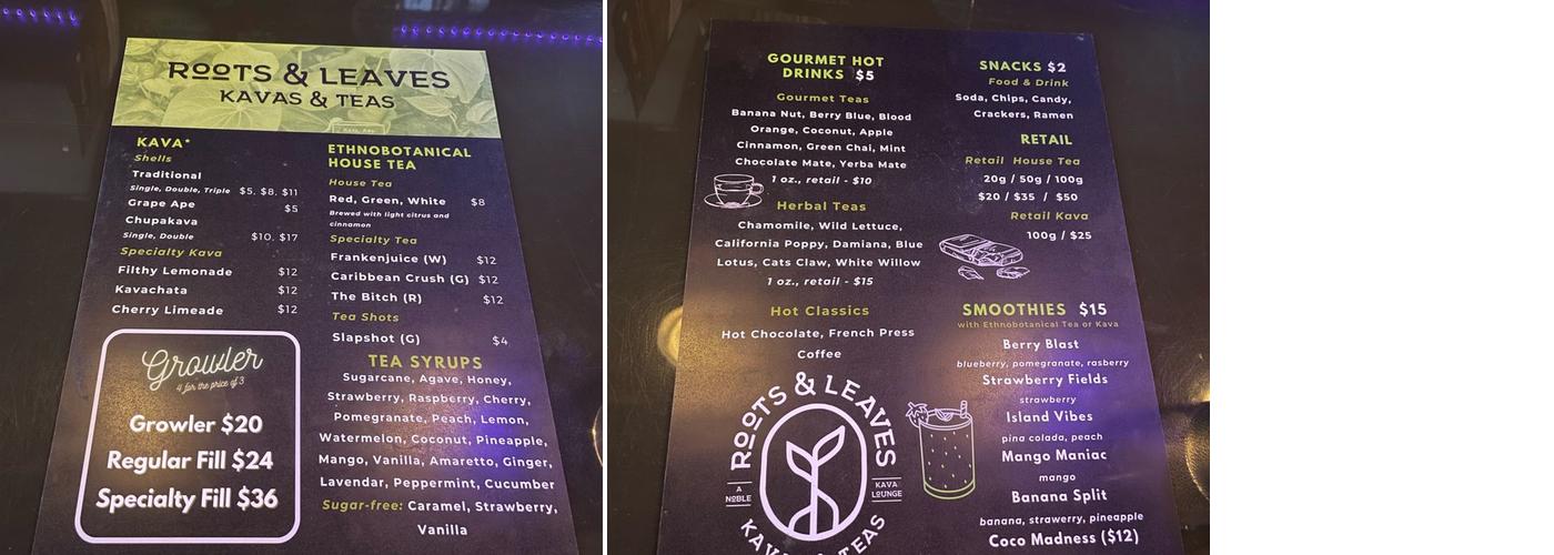 Roots And Leaves: Mile High Kava Bar Menu