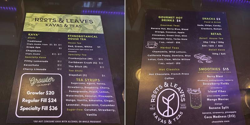 Roots And Leaves: Mile High Kava Bar Menu