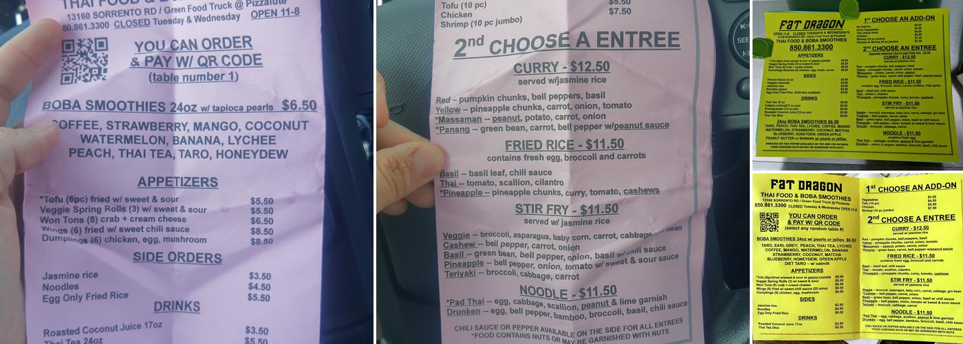 Fat Dragon Thai Food and Boba Smoothies Menu