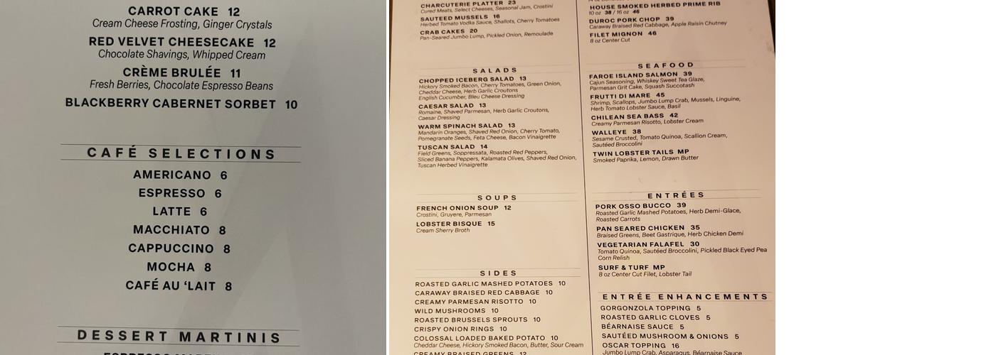 Valley’s Edge Steak and Seafood Menu