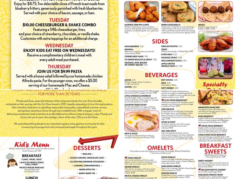 Ze's Diner Mendota Heights Menu