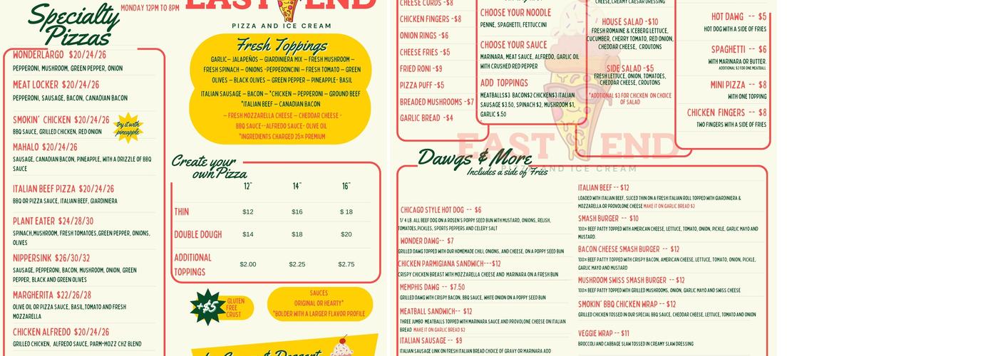 East End Pizza and Ice Cream Menu